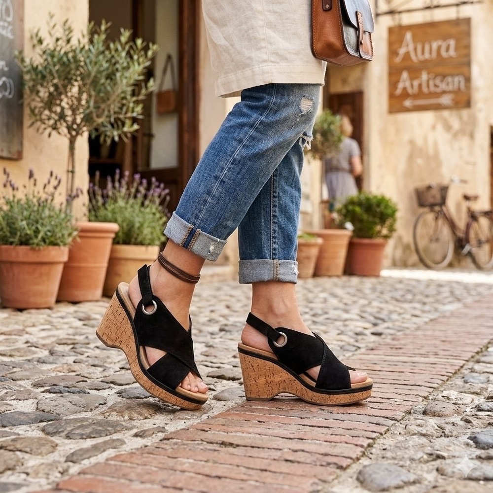 Clarks Giselle Cove Black Size 8 Suede Cork Platform Wedge Sandals Boho
Comfort